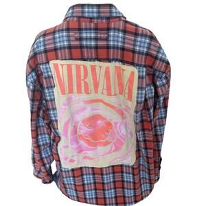 Nirvana Plaid Flannel Shirt Shacket XL Oversized One of a Kind Grunge Upcycled